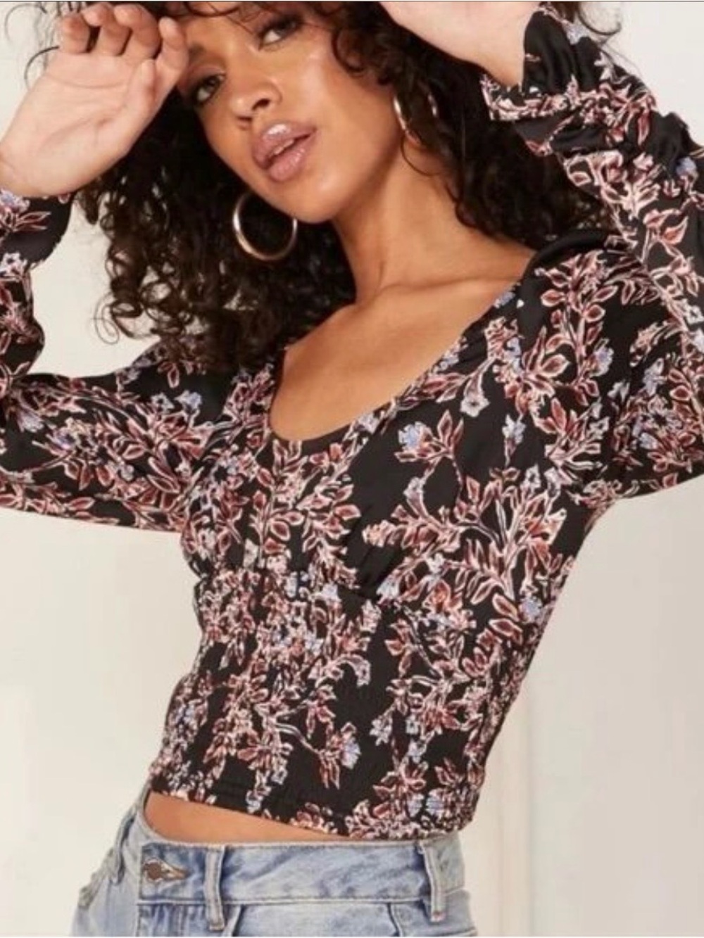 Free People Santiago Print Scoop Neck Smocked Crop Blouse Size Large EUC